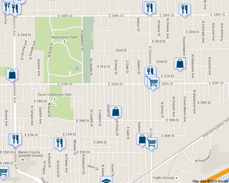 map of restaurants, bars, coffee shops, grocery stores, and more near 2946 N Olney St in Indianapolis