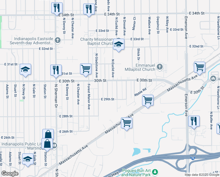 map of restaurants, bars, coffee shops, grocery stores, and more near 2938 North Euclid Avenue in Indianapolis