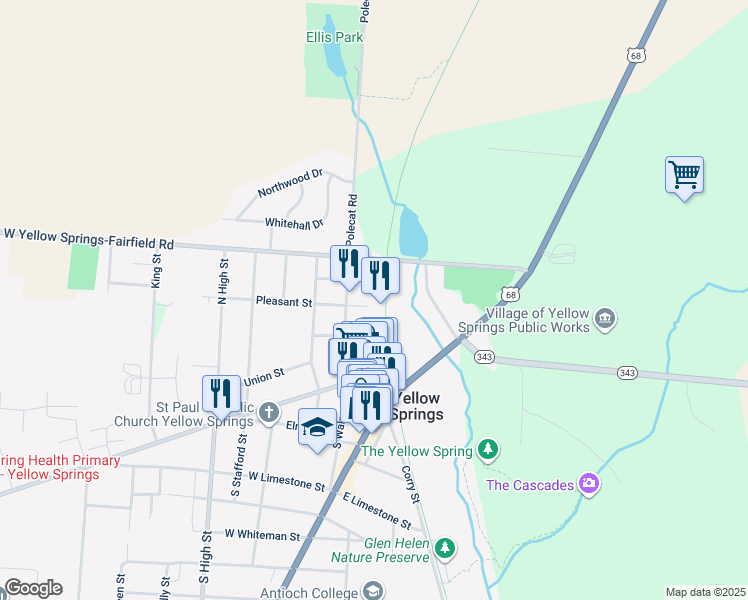 map of restaurants, bars, coffee shops, grocery stores, and more near 305 North Walnut Street in Yellow Springs