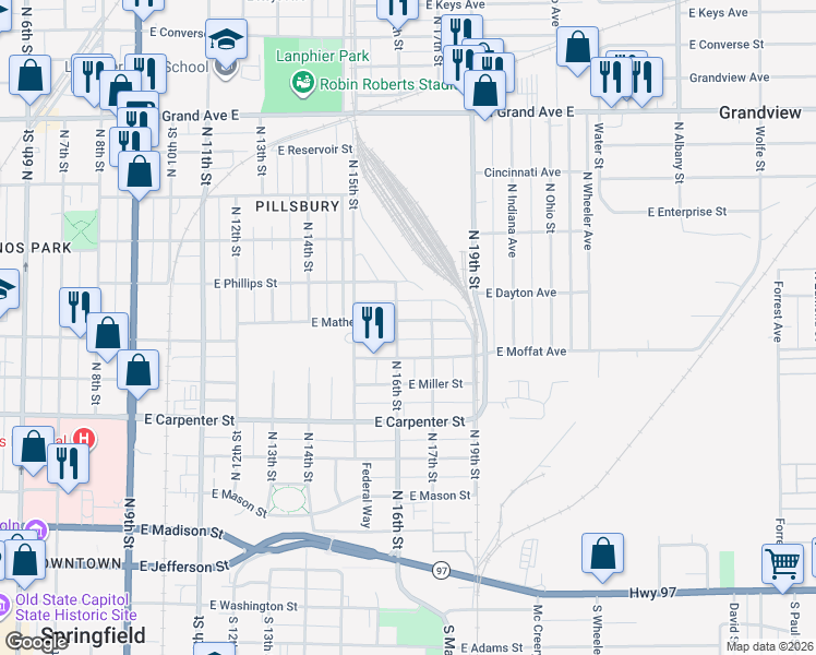 map of restaurants, bars, coffee shops, grocery stores, and more near 1604 East Matheny Avenue in Springfield