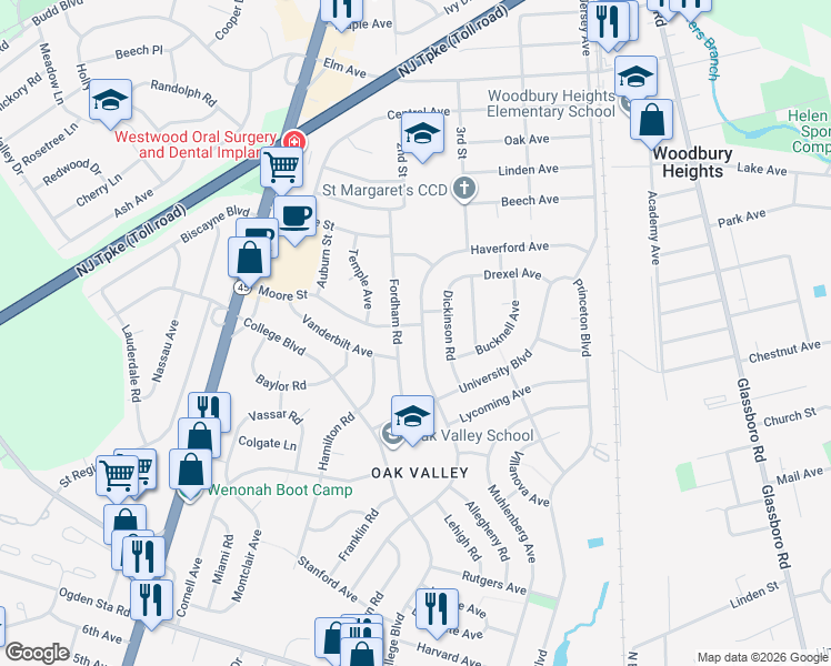 map of restaurants, bars, coffee shops, grocery stores, and more near 450 Westminster Road in Wenonah
