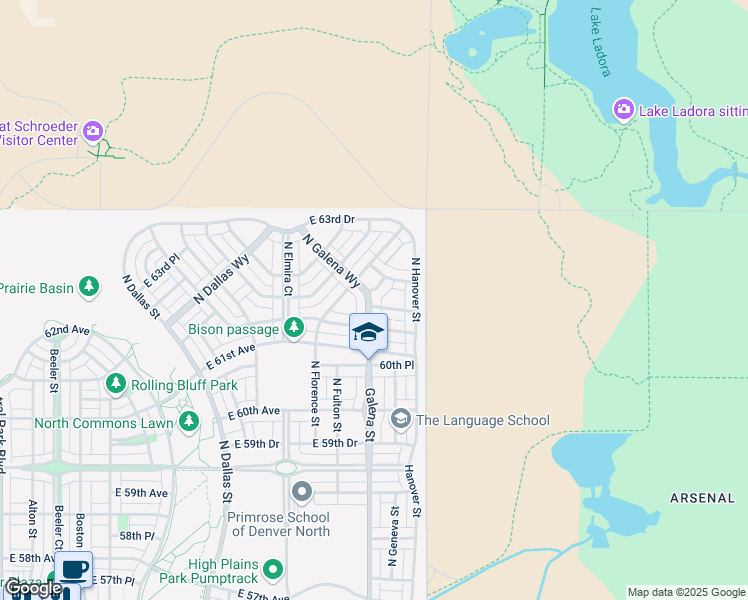 map of restaurants, bars, coffee shops, grocery stores, and more near 6252 North Galena Street in Denver