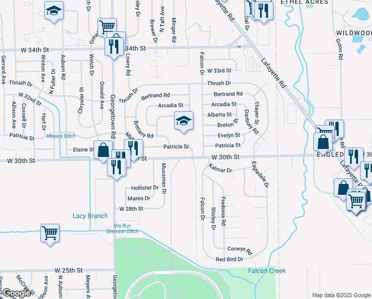 map of restaurants, bars, coffee shops, grocery stores, and more near 4317 Patricia Street in Indianapolis