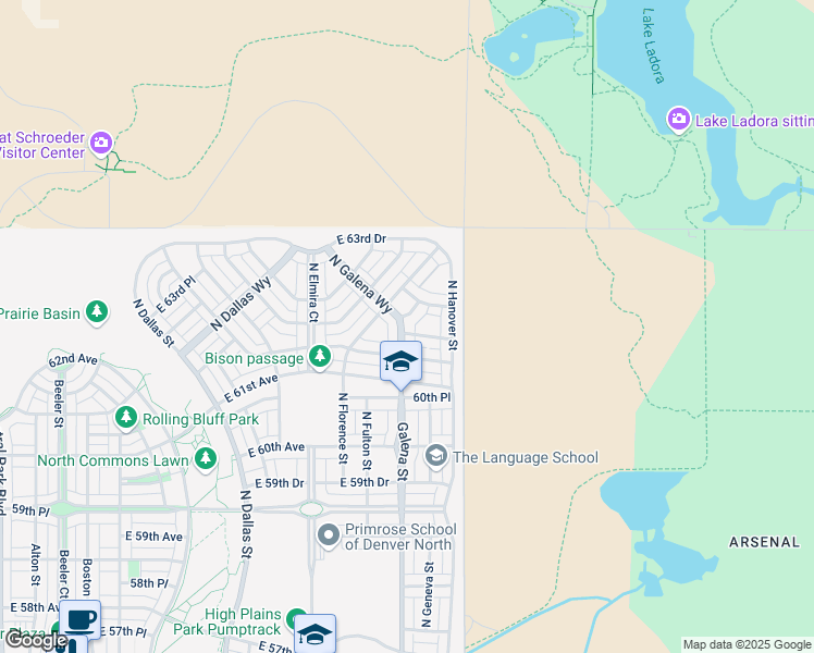 map of restaurants, bars, coffee shops, grocery stores, and more near 6252 North Galena Street in Denver