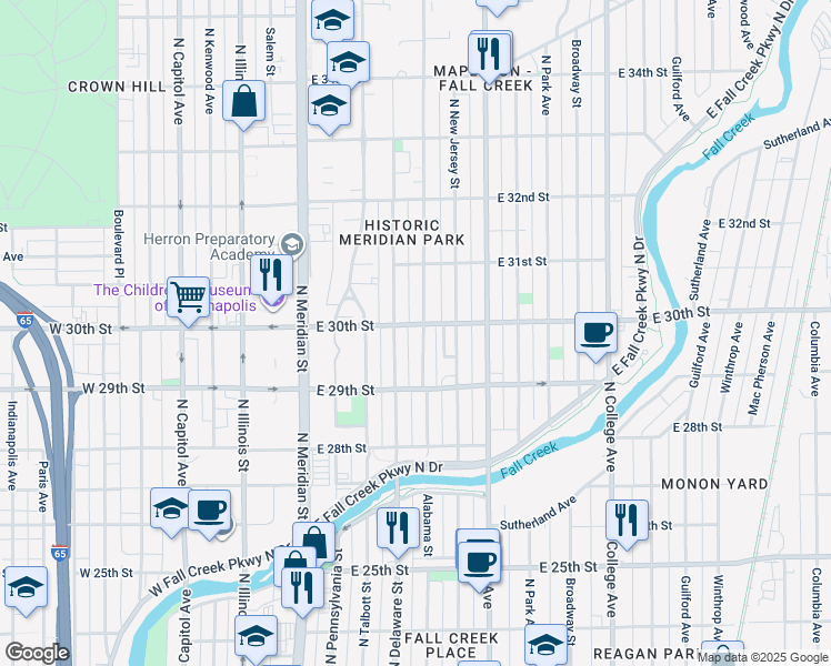 map of restaurants, bars, coffee shops, grocery stores, and more near 2958 North Washington Boulevard in Indianapolis