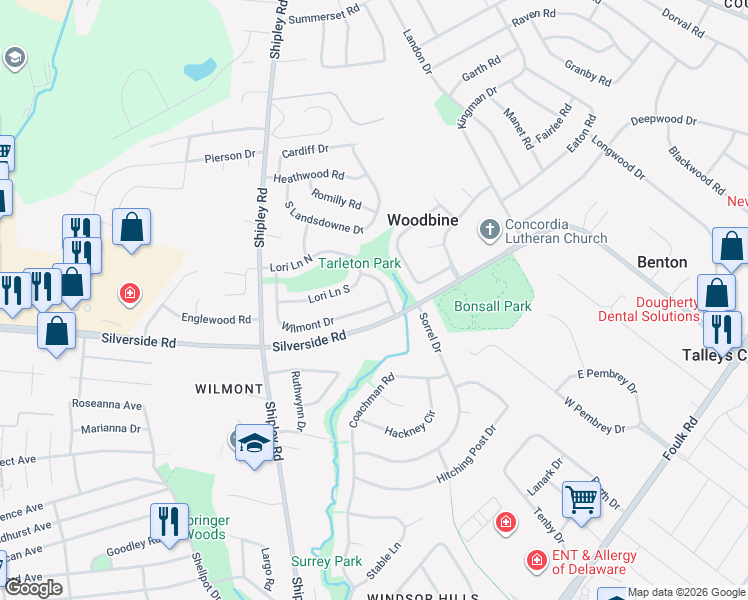 map of restaurants, bars, coffee shops, grocery stores, and more near 3103 Wilmont Drive in Wilmington