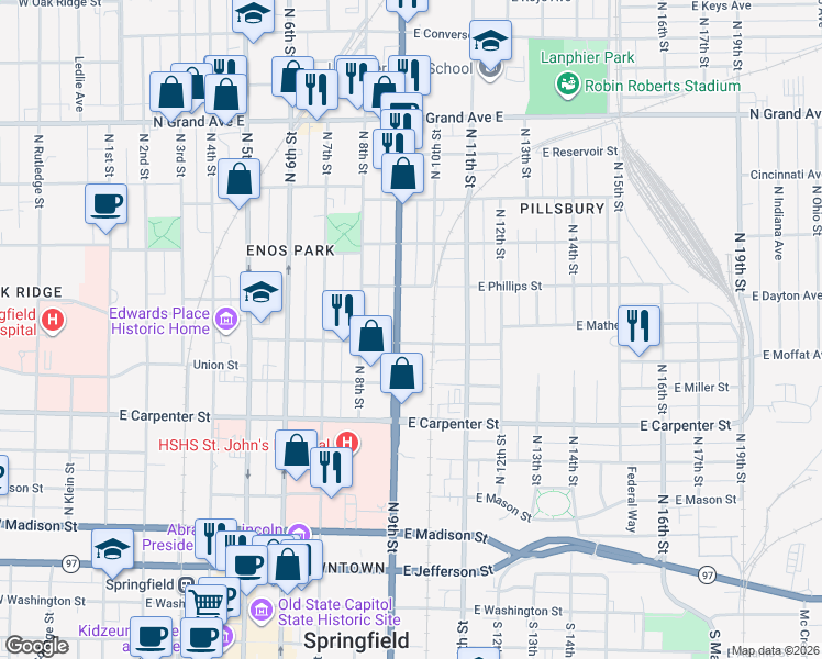 map of restaurants, bars, coffee shops, grocery stores, and more near 804 North 9th Street in Springfield