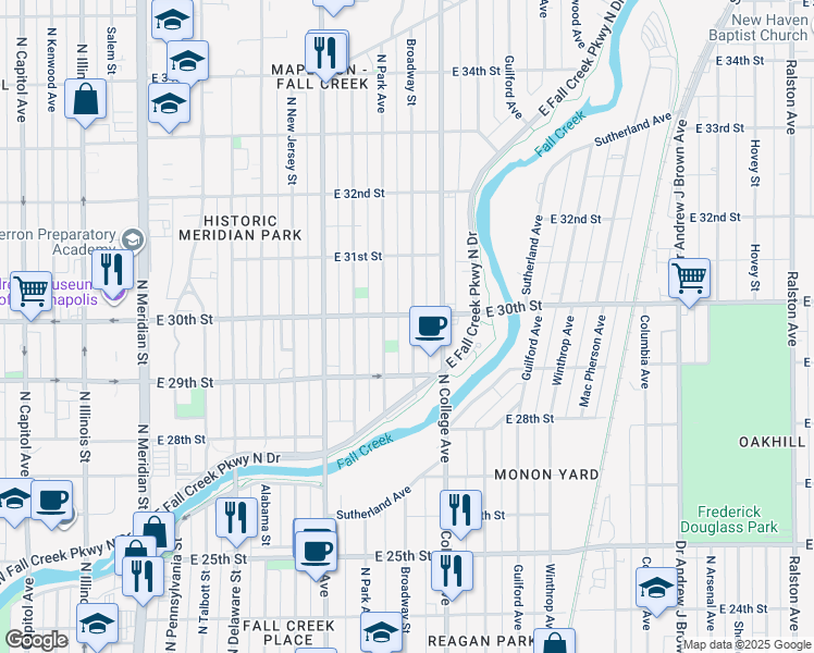 map of restaurants, bars, coffee shops, grocery stores, and more near 2952 Broadway Street in Indianapolis