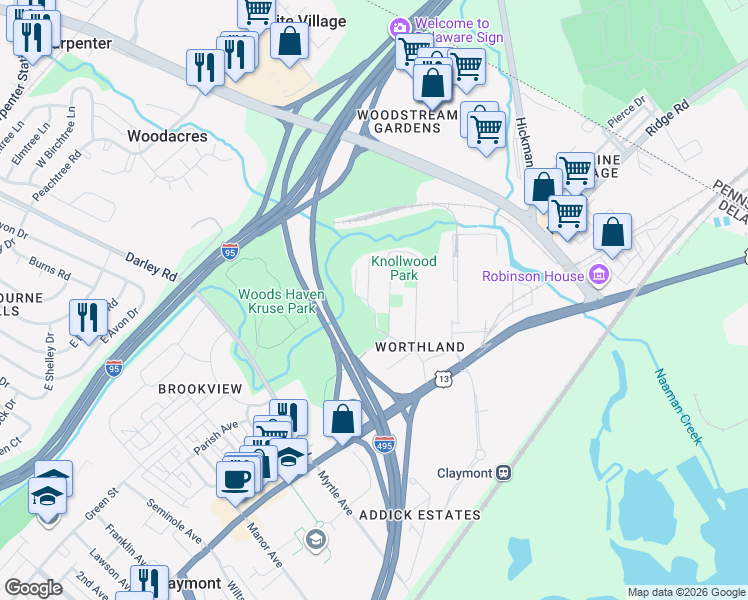 map of restaurants, bars, coffee shops, grocery stores, and more near 5 Denham Avenue in Claymont