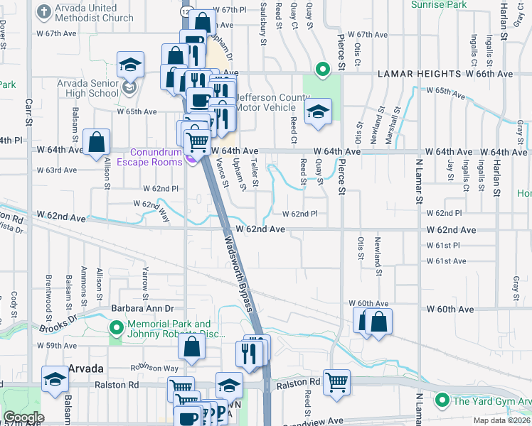 map of restaurants, bars, coffee shops, grocery stores, and more near 6235 Saulsbury Street in Arvada