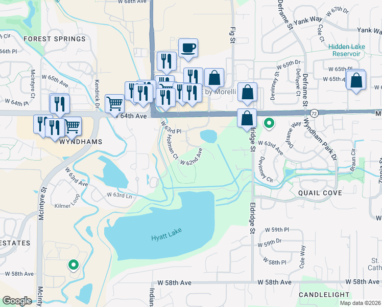 map of restaurants, bars, coffee shops, grocery stores, and more near 14632 West 62nd Circle in Arvada