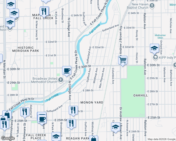 map of restaurants, bars, coffee shops, grocery stores, and more near 2932 Guilford Avenue in Indianapolis