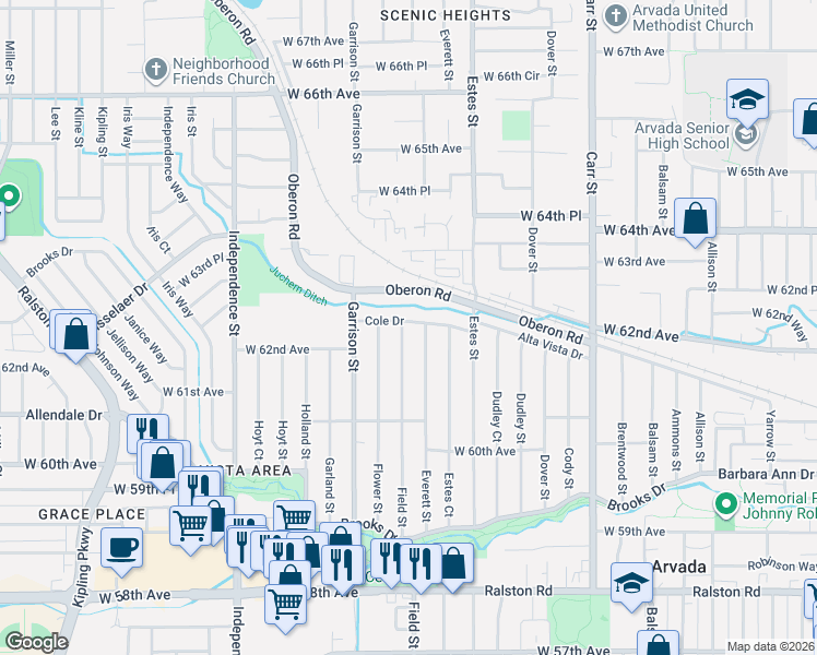map of restaurants, bars, coffee shops, grocery stores, and more near 8940 Cole Drive in Arvada