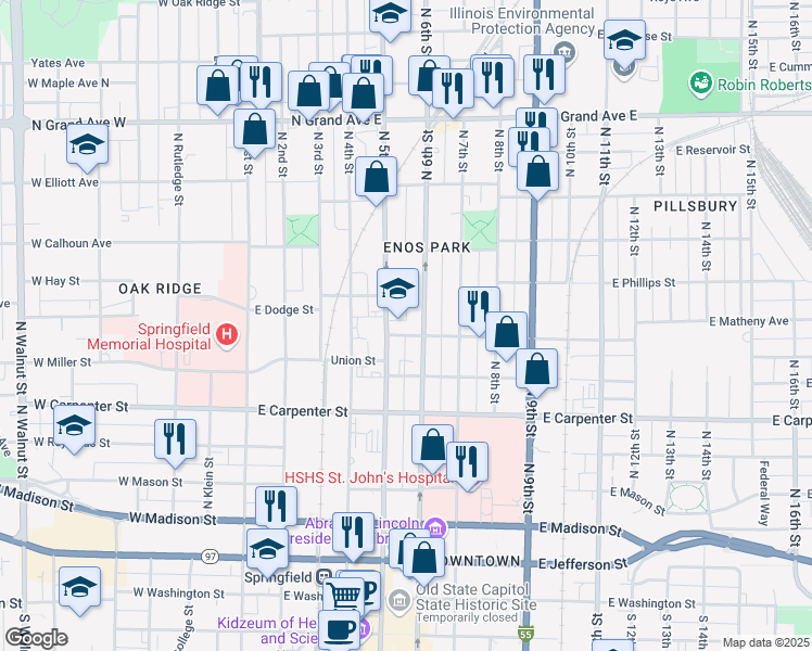 map of restaurants, bars, coffee shops, grocery stores, and more near 801 North 6th Street in Springfield