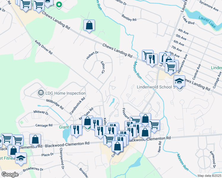 map of restaurants, bars, coffee shops, grocery stores, and more near 447 Via Cascata Drive in Clementon