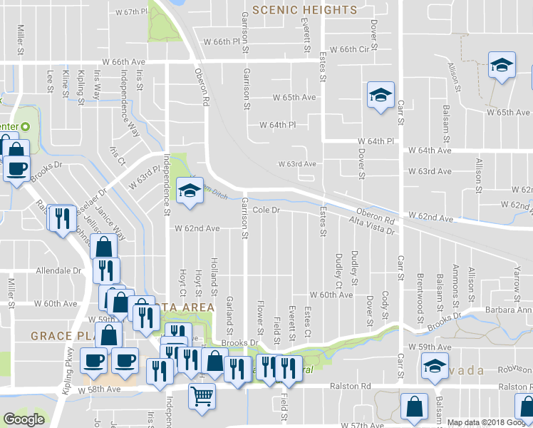 map of restaurants, bars, coffee shops, grocery stores, and more near 6196 Flower Street in Arvada