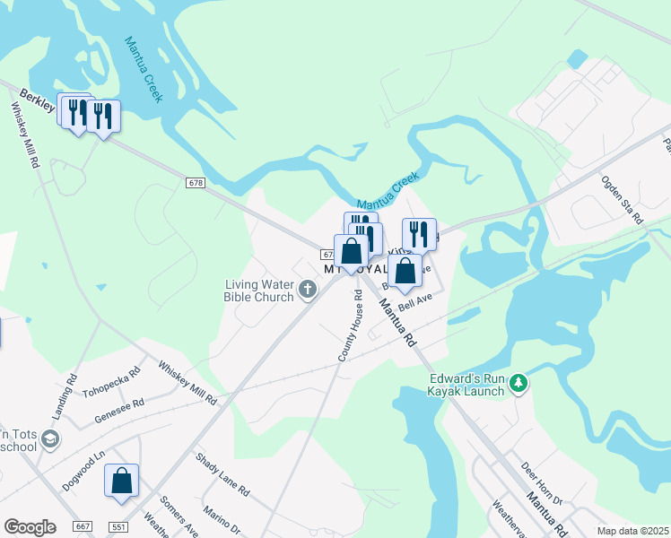 map of restaurants, bars, coffee shops, grocery stores, and more near 157 Kings Highway in Mount Royal