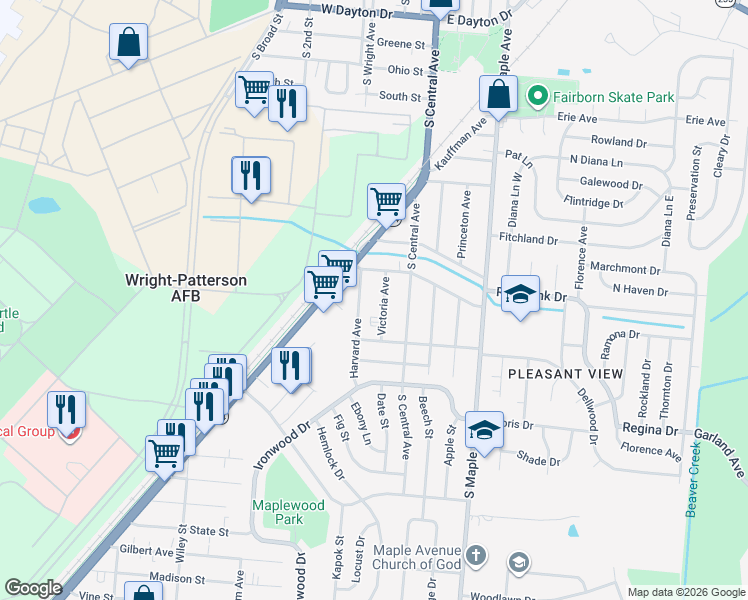 map of restaurants, bars, coffee shops, grocery stores, and more near 1025 Victoria Avenue in Fairborn