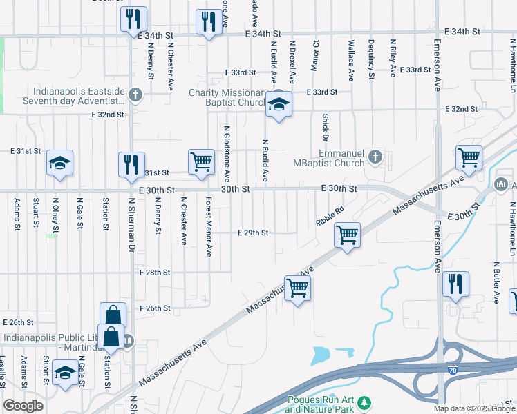 map of restaurants, bars, coffee shops, grocery stores, and more near 2938 North Euclid Avenue in Indianapolis