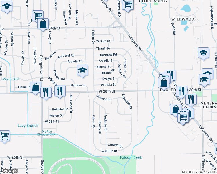 map of restaurants, bars, coffee shops, grocery stores, and more near 4101 Patricia Street in Indianapolis