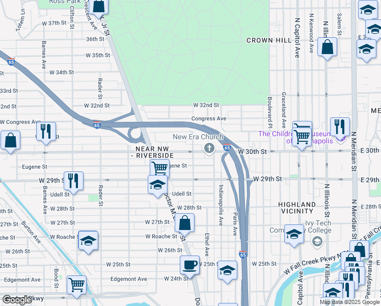 map of restaurants, bars, coffee shops, grocery stores, and more near 603 North California Street in Indianapolis