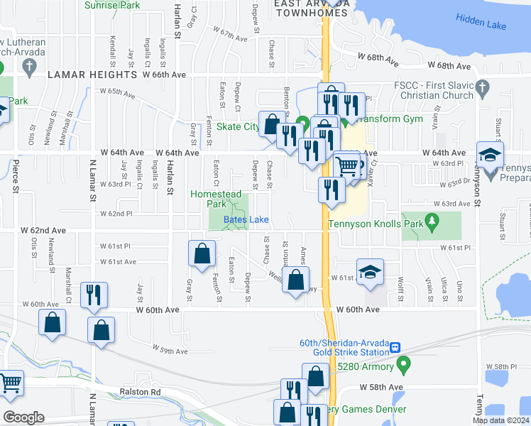 map of restaurants, bars, coffee shops, grocery stores, and more near 6231 Chase Street in Arvada