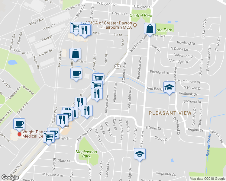 map of restaurants, bars, coffee shops, grocery stores, and more near 1025 Victoria Avenue in Fairborn