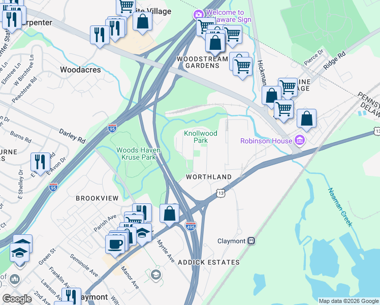 map of restaurants, bars, coffee shops, grocery stores, and more near 5 Denham Avenue in Claymont