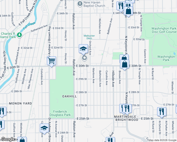 map of restaurants, bars, coffee shops, grocery stores, and more near 2931 Sangster Avenue in Indianapolis
