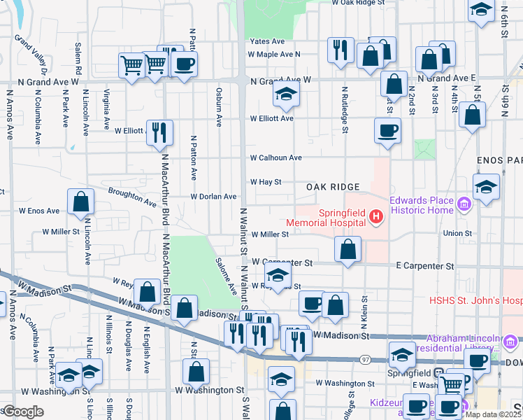 map of restaurants, bars, coffee shops, grocery stores, and more near 630 West Herndon Street in Springfield