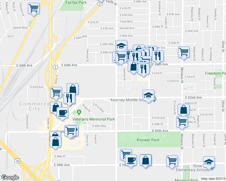 map of restaurants, bars, coffee shops, grocery stores, and more near 6201 Holly Street in Commerce City