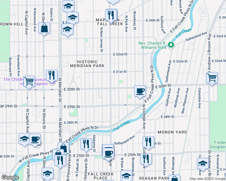 map of restaurants, bars, coffee shops, grocery stores, and more near 2961 Central Ave in Indianapolis