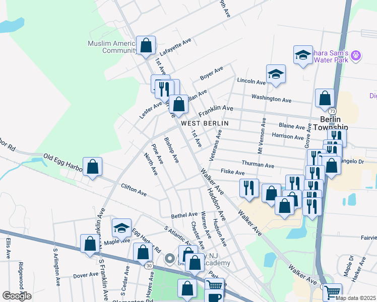 map of restaurants, bars, coffee shops, grocery stores, and more near 175 Haddon Avenue in Berlin Township