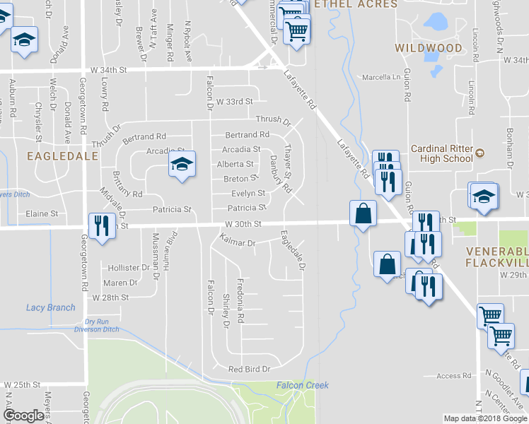 map of restaurants, bars, coffee shops, grocery stores, and more near 4001 Patricia Street in Indianapolis