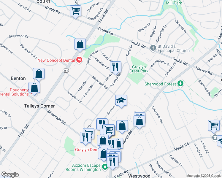 map of restaurants, bars, coffee shops, grocery stores, and more near 2000 Kynwyd Road in Wilmington