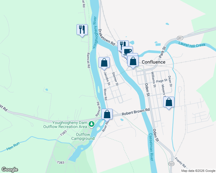map of restaurants, bars, coffee shops, grocery stores, and more near 524 Jacobs Street in Confluence