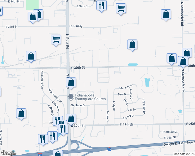map of restaurants, bars, coffee shops, grocery stores, and more near 2918 Carnaby Street in Indianapolis