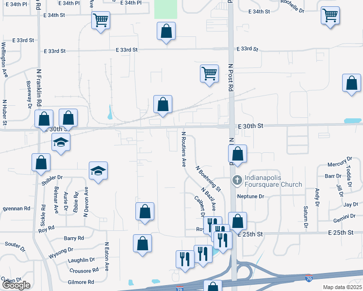 map of restaurants, bars, coffee shops, grocery stores, and more near 2908 North Routiers Avenue in Indianapolis