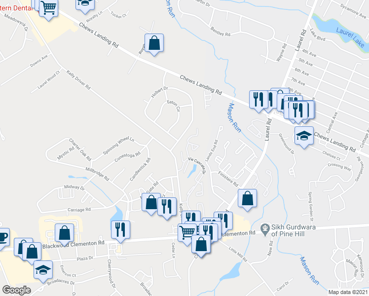 map of restaurants, bars, coffee shops, grocery stores, and more near 435 La Cascata in Clementon