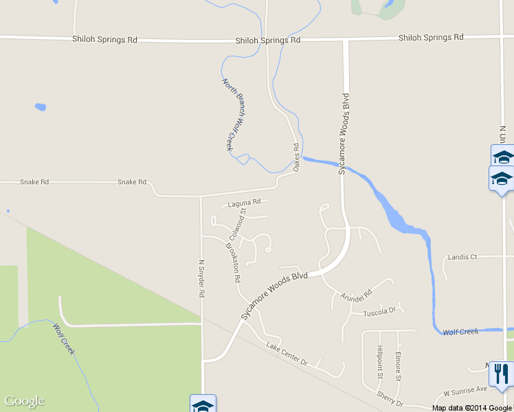 map of restaurants, bars, coffee shops, grocery stores, and more near 4040 Laguna Road in Dayton