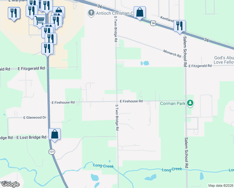 map of restaurants, bars, coffee shops, grocery stores, and more near 2600 South Twin Bridge Road in Long Creek