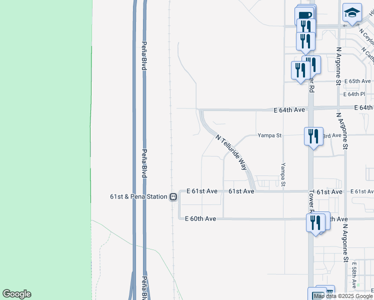 map of restaurants, bars, coffee shops, grocery stores, and more near 6223 North Panasonic Way in Denver