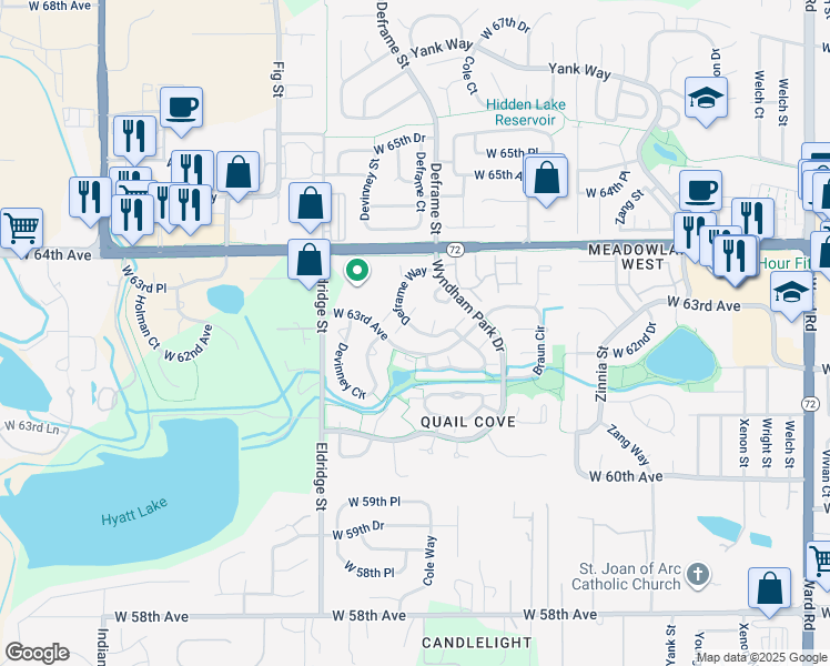map of restaurants, bars, coffee shops, grocery stores, and more near 6331 Deframe Way in Arvada