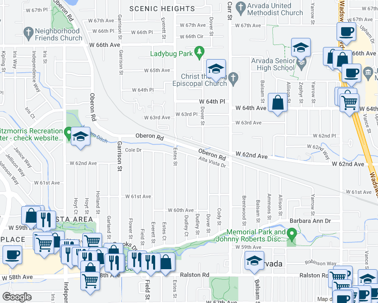 map of restaurants, bars, coffee shops, grocery stores, and more near 8755 Alta Vista Drive in Arvada