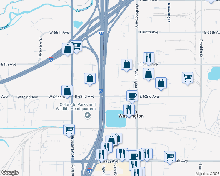 map of restaurants, bars, coffee shops, grocery stores, and more near 435 East 62nd Avenue in Denver