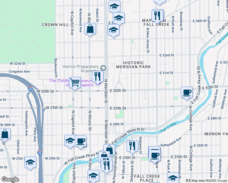 map of restaurants, bars, coffee shops, grocery stores, and more near 2955 North Pennsylvania Street in Indianapolis