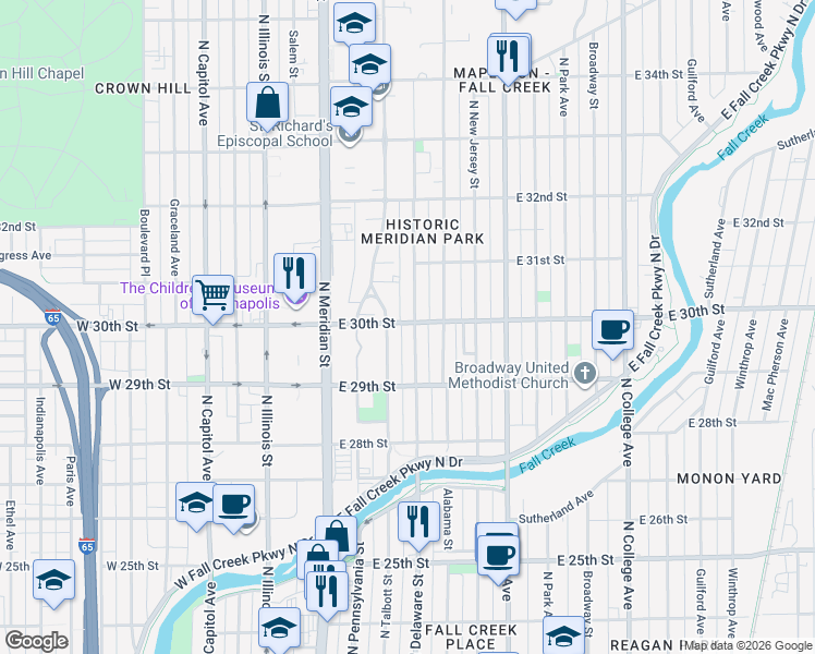 map of restaurants, bars, coffee shops, grocery stores, and more near 2963 North Talbott Street in Indianapolis