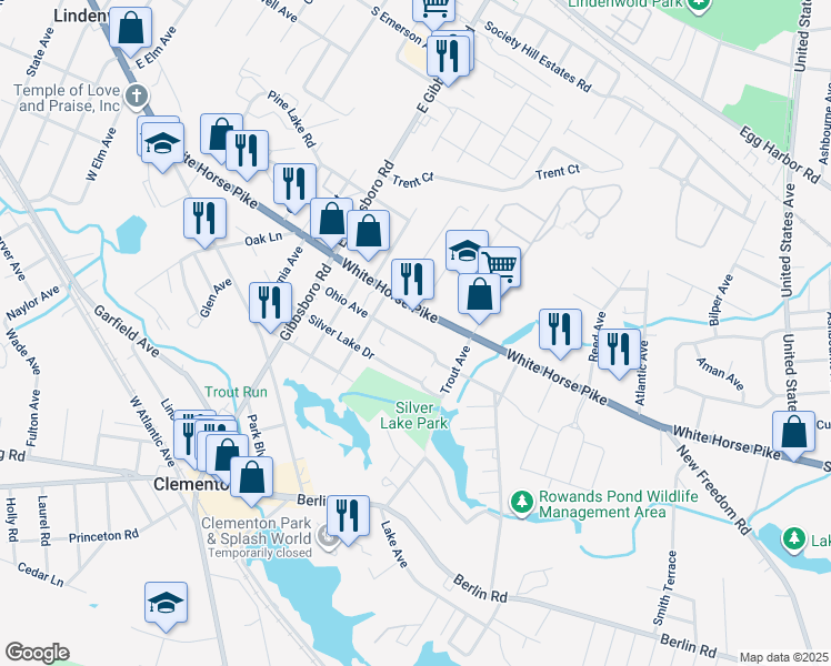 map of restaurants, bars, coffee shops, grocery stores, and more near 159 Ohio Avenue in Clementon