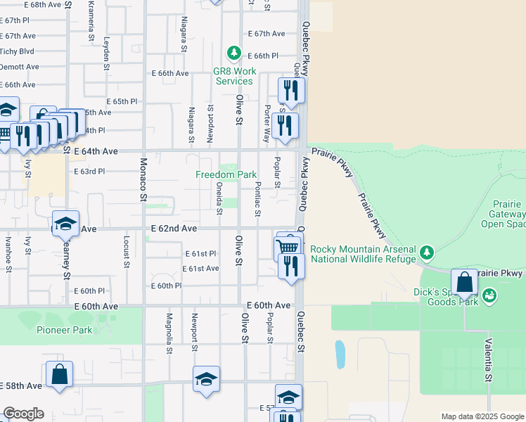 map of restaurants, bars, coffee shops, grocery stores, and more near 6244 Pontiac Street in Commerce City