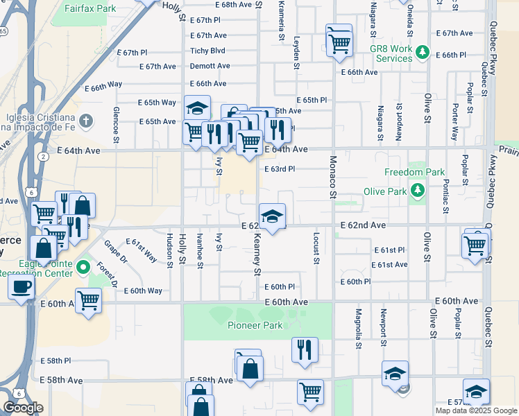 map of restaurants, bars, coffee shops, grocery stores, and more near 6248 Kearney Street in Commerce City